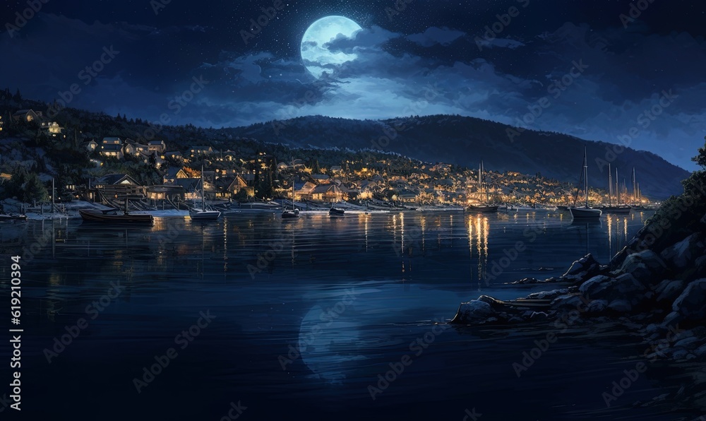  a night scene with a full moon and a city on the water.  generative ai