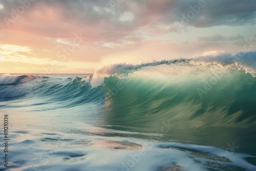 Sea waves on the beach in the morning. Beautiful seascape in pastel colors. Generative AI