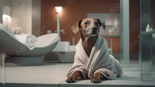 Dog relaxing in the spa with a bathrobe on. Generative AI