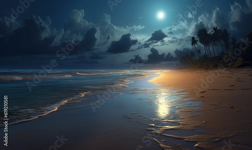  a full moon shines over a beach with waves and palm trees. generative ai