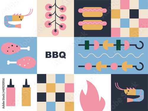 Grill barbecue illustration. BBQ party invitation for summer outdoor picnic. Simple, geometric, modern style. BBQ picnic banner.