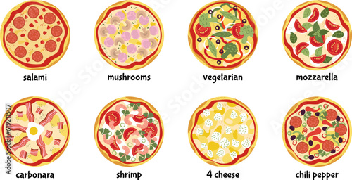 Isolated tasty pizza icons top view. Pizzas salami, mozzarella, peperoni. Pizzeria, delivery service fast food. Decent vector italian cuisine set