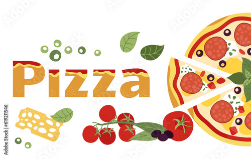 Pizza background  italy pizzeria delivery service banner design. Fresh food  pepperoni  tomato and olives. Italian cuisine decent vector scene