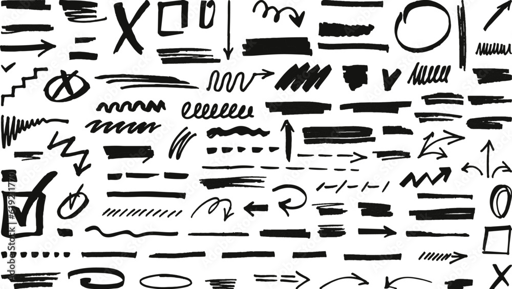 Black marker stains grunge set. Handwriting scribble stroke, underline graphite textures. Brush signs and crayon drawing neoteric vector elements