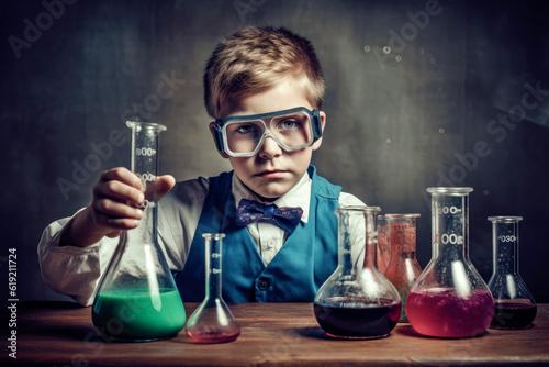 Schoolboy experimenting with the reagents in laboratory. Chemical experiments. Generative AI