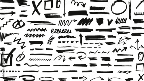 Black marker stains grunge set. Handwriting scribble stroke, underline graphite textures. Brush signs and crayon drawing neoteric vector elements photo