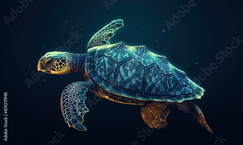  a green sea turtle swimming in the ocean with a black background. generative ai