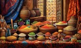 a painting of a variety of spices on a table in a room.  generative ai