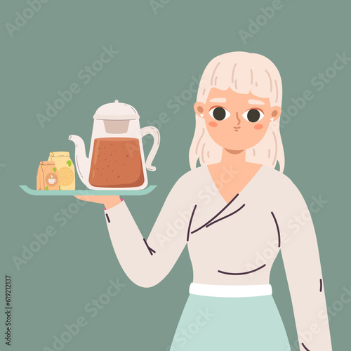 Girl promoter or seller in tea shop. Drink store consultant, young teenager waiter with teapot and packs. Cartoon cute vector character