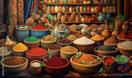  a painting of a variety of spices in bowls and bowls.  generative ai