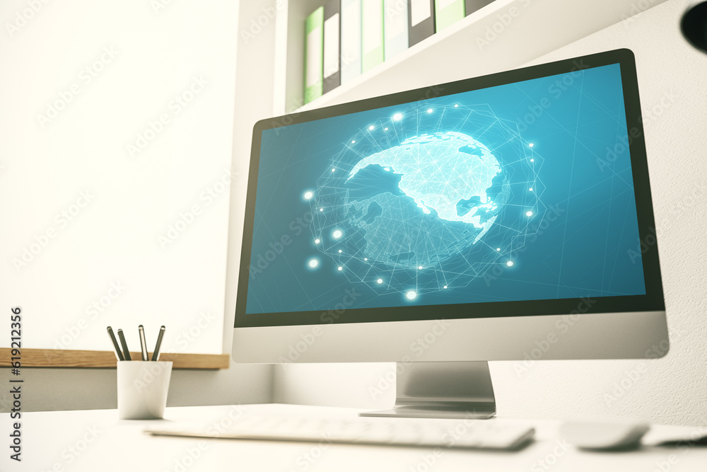 Modern computer monitor with America map, research and strategy concept. 3D Rendering Modern computer monitor with America map, research and strategy concept. 3D Rendering