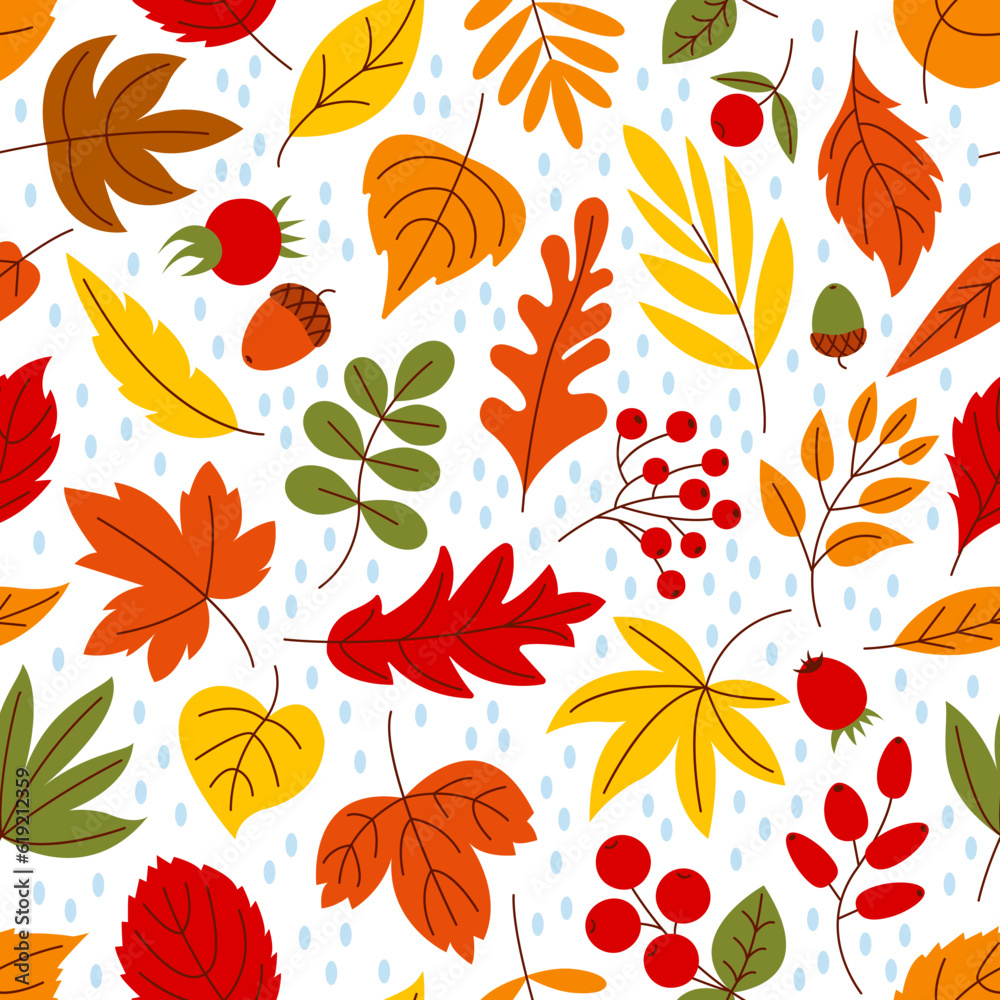 Cozy autumn leaves seamless pattern. Fall leaf falling, harvest season. Forest trees doodle foliage, september nature fabric decent vector print