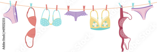 Female panties and bra hanging on rope. Lingerie on clothesline, isolated underwear, panty and bras for women. Decent vector fashion elements