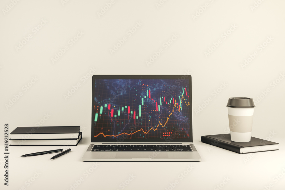 Modern computer display with abstract financial graph with world map, financial and trading concept. 3D Rendering Modern computer display with abstract financial graph with world map, financial and trading concept. 3D Rendering