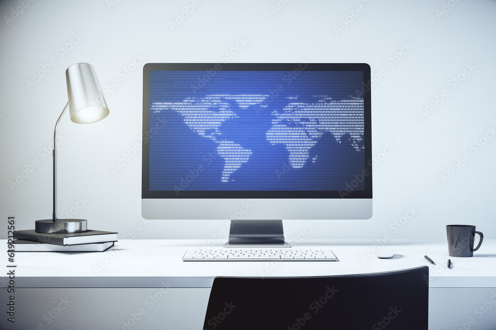 Computer monitor with abstract creative digital world map, globalization concept. 3D Rendering Computer monitor with abstract creative digital world map, globalization concept. 3D Rendering