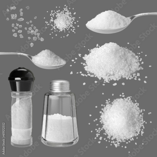 Realistic salt crystals, 3d mineral cooking ingredients. Edible salting crystal grains, spices and herbs. Metal spoon and glass shaker pithy vector set