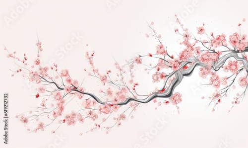  a branch with pink flowers on it and a river running through it.  generative ai