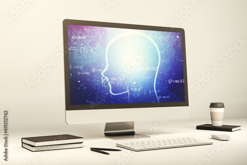 Creative artificial Intelligence concept with human head sketch on modern computer monitor. 3D Rendering