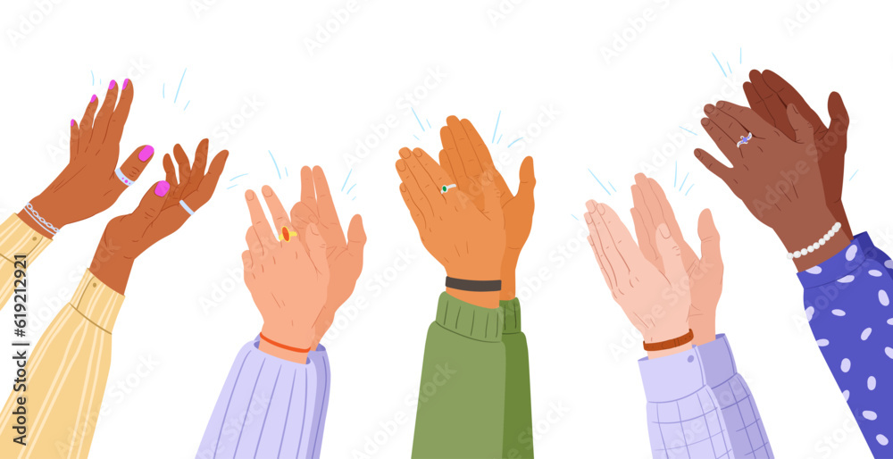 Fototapeta premium Applause hands. Human hands applauding, people group clap their hands, ovation or greeting gesture flat vector illustration concept. Applauding people