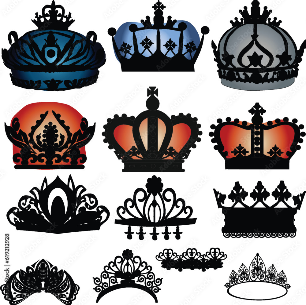 group of thirteen different crowns isolated on white group of thirteen different crowns isolated on white