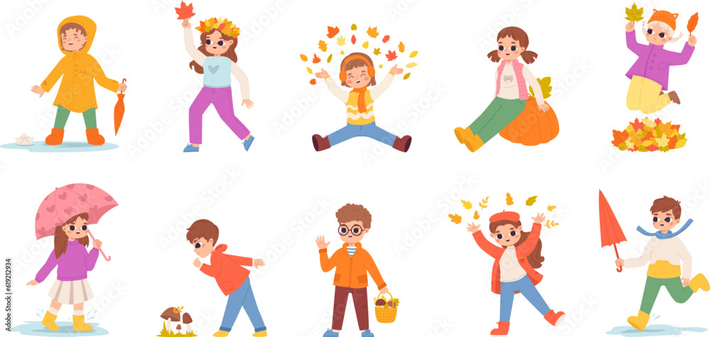 Autumn children gathering leaves, walking and play. Rainy weather season child with umbrella. Fall happiness, cartoon kids snugly vector characters