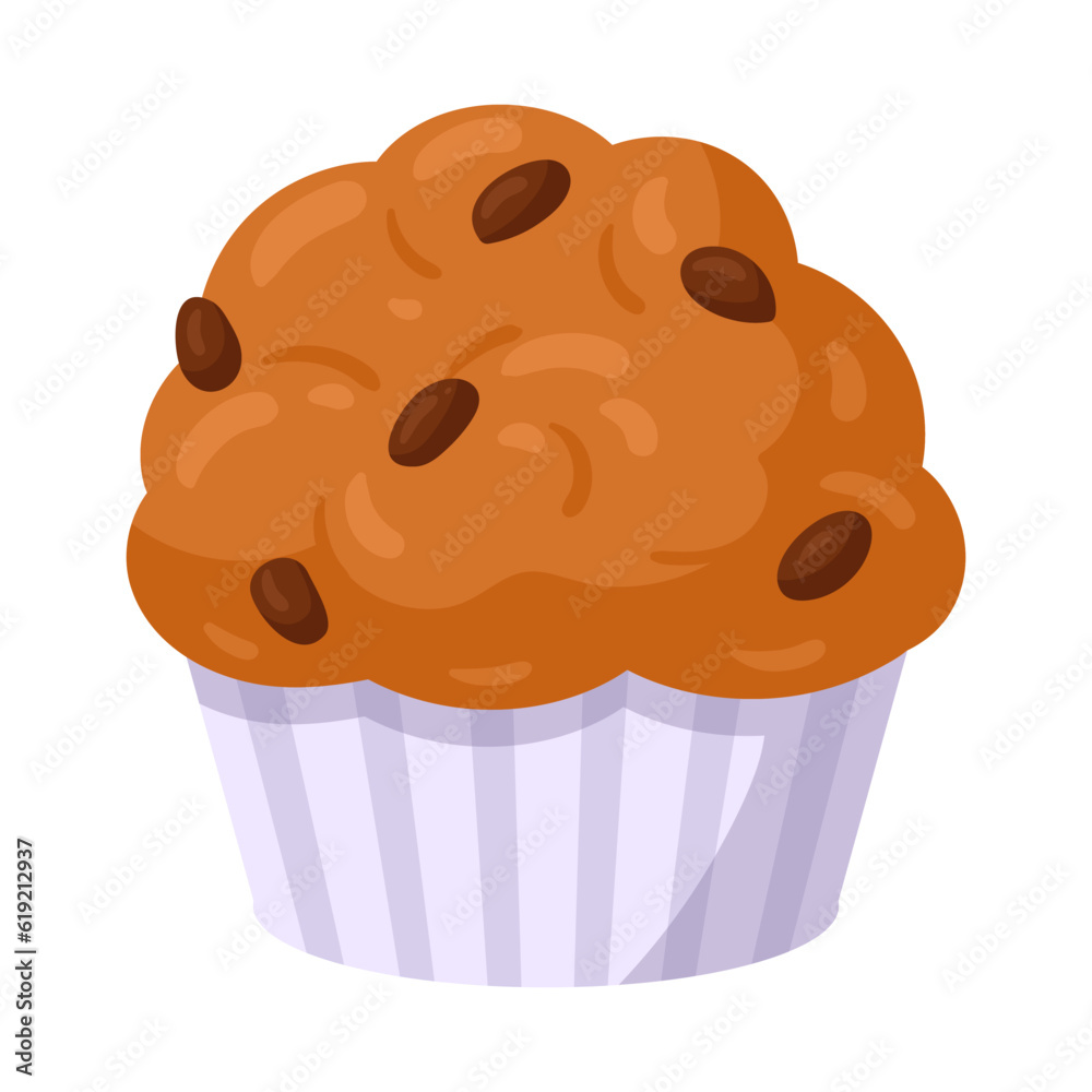 Cartoon cupcake. Sweet pastry muffin, delicious vanilla dessert with chocolate chip flat vector illustration
