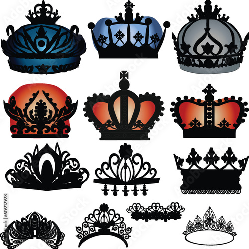 group of thirteen different crowns isolated on white