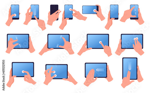 Screen touch gestures. Cartoon hands holding and using smartphone and tablet, tap, swipe, pinch, zoom and rotate gestures flat vector illustration set. Gadgets hands gestures collection