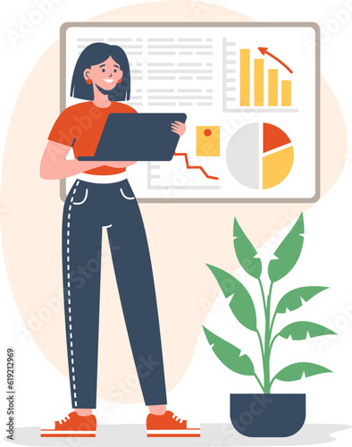Flat vector illustration. A young girl is holding a laptop and giving a presentation. Business presentation and business concept . Vector illustration