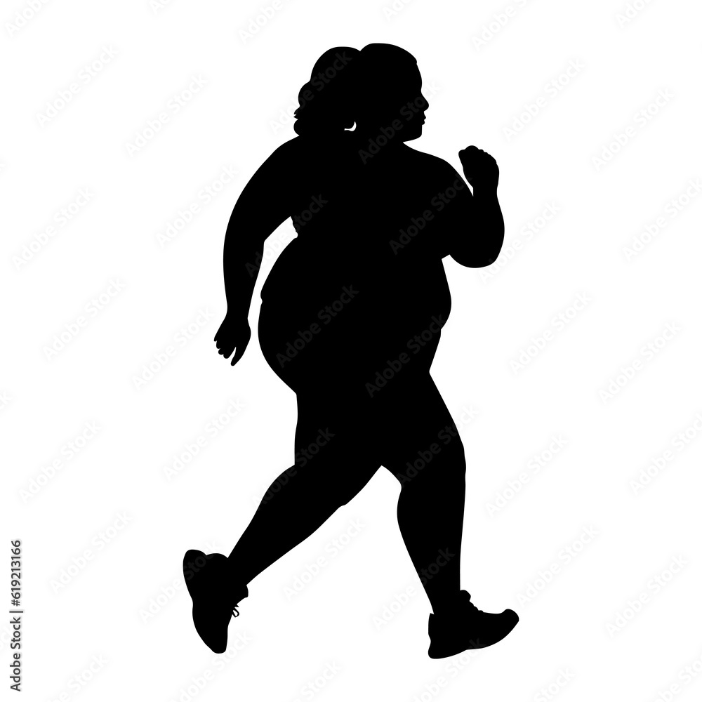 Naklejka premium Vector illustration. Silhouette of a full woman runner. Engagement in sports. Slimming. Feminism.