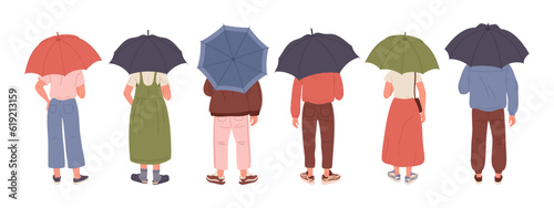 People holding umbrella. Male and female characters from behind in rainy weather, human turned back hiding under umbrellas flat vector Illustration set. Persons under umbrellas