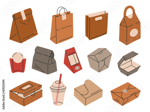 Takeaway food packaging. Paper or cardboard food delivery containers, carton bags and boxes flat vector illustration set. Empty paper fast food wrappers