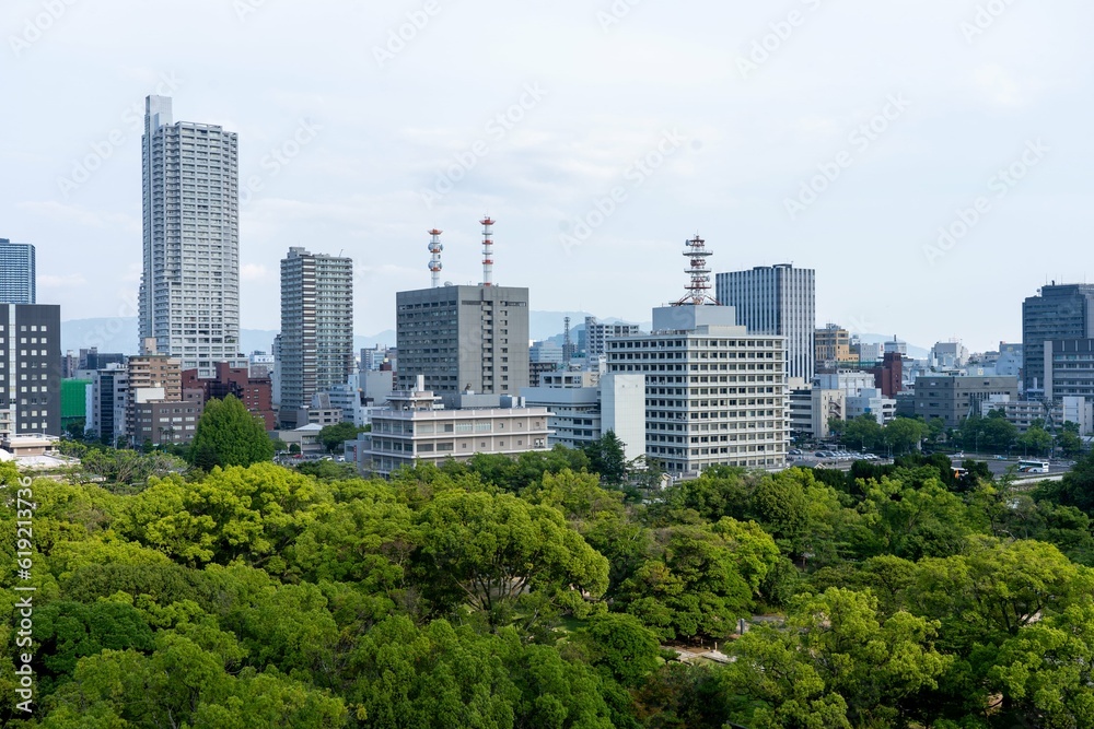Incredible city skyline from a park in Hiroshima Japan