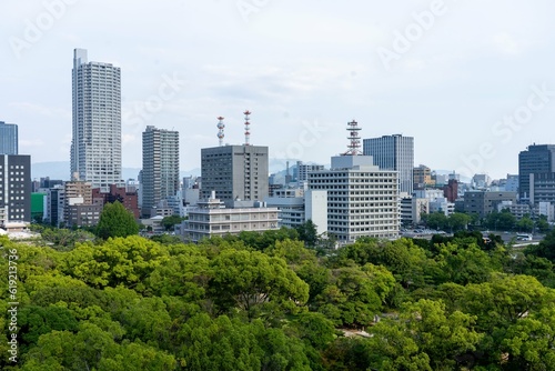 Incredible city skyline from a park in Hiroshima Japan