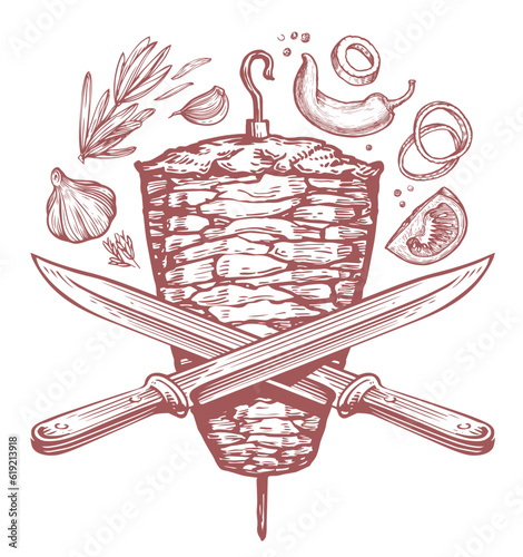 Kebab on a spit and vegetables. Shawarma or gyros. Grill food, cooking meat. Sketch vector illustration