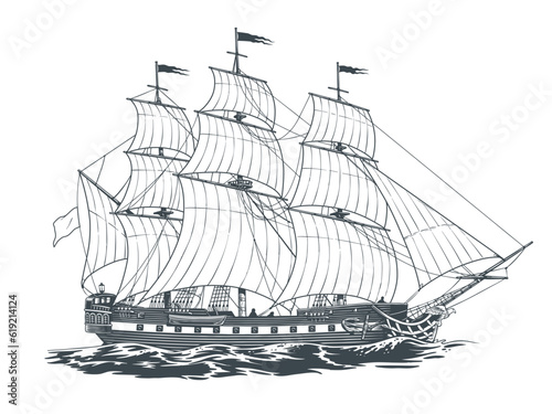 Frigate ship, vintage military sailboat in silhouette isolated on white background. Hand drawn engraving style vector illustration.