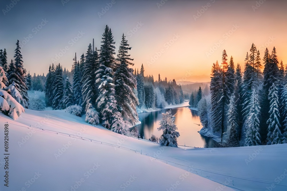Winter sunset in the mountains and trees