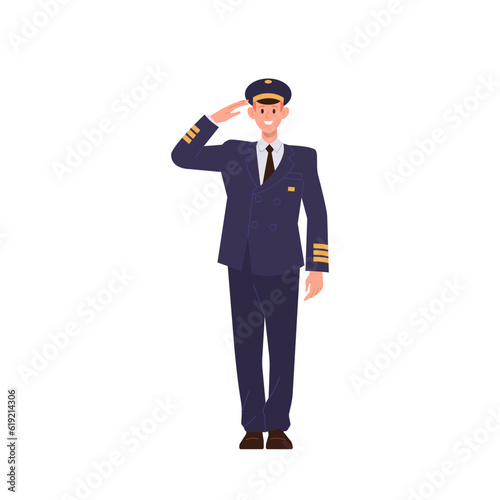 Professional pilot commander airliner staff with salute gesture isolated on white background