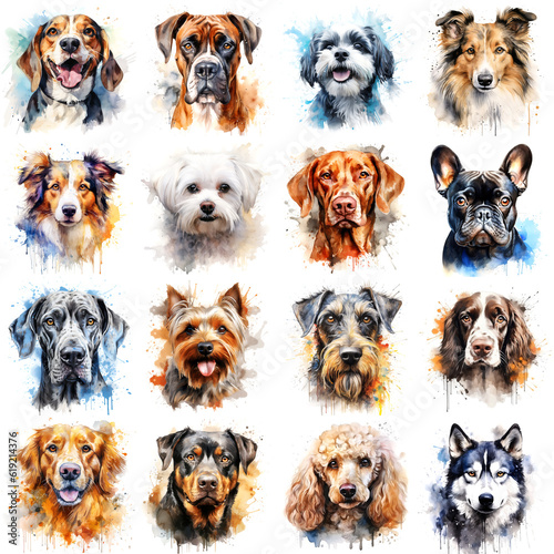 Set of dogs of various breeds painted in colorful watercolor on a white background in a realistic manner. © Mari Dein