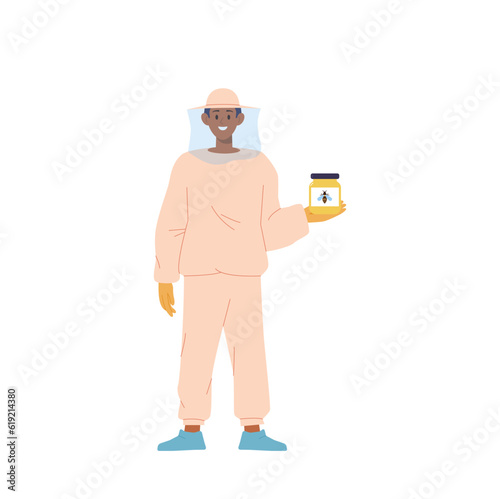 Male beekeeper cartoon character holding glass jar with organic natural honey isolated on white