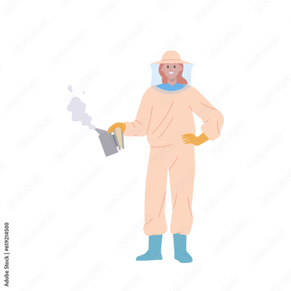 Female beekeeper cartoon character in suit holding smoker tool isolated on white background
