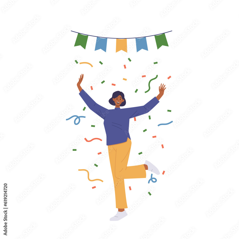 Positive happy businesswoman at grand opening ceremony standing under confetti isolated on white Positive happy businesswoman at grand opening ceremony standing under confetti isolated on white