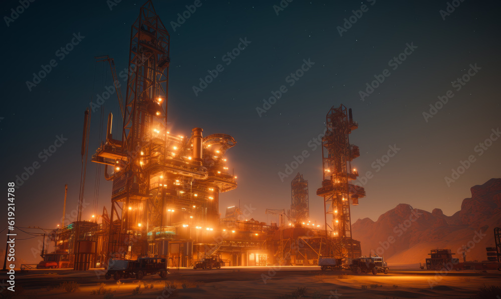 Mine construction covered with multiple lights. Manufacturing and extraction of mineral resources. Low angle view. Generative AI.