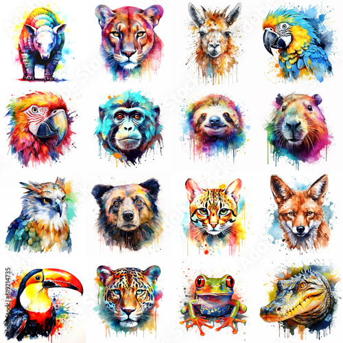 South American animal set painted with watercolors on a white background in a realistic manner, multicolored and iridescent. photo