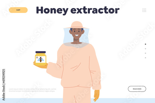 Honey extractor landing page website template with man apiarist offering fresh natural product