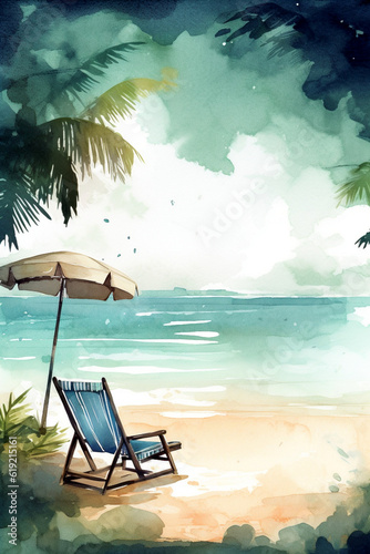 beach with chairs and umbrella