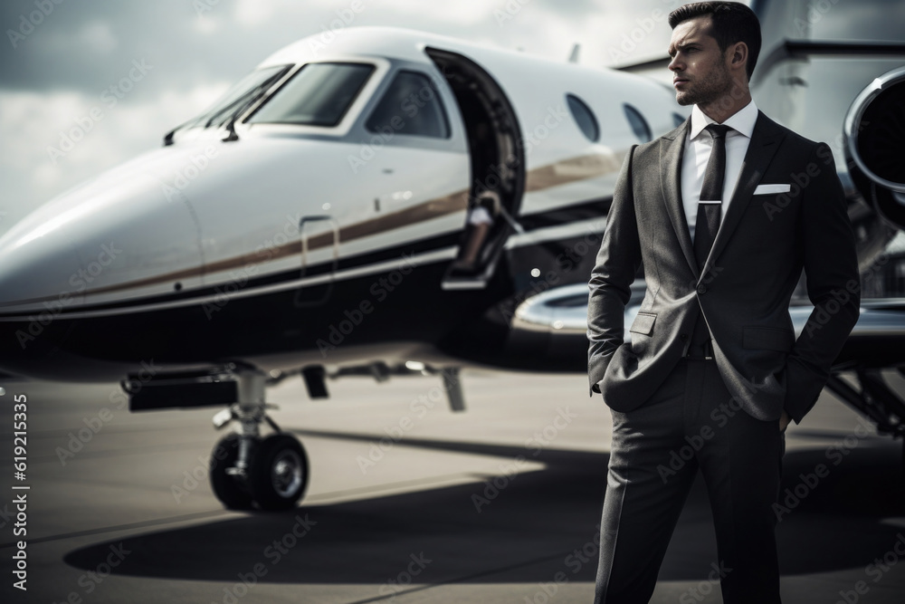 Confident businessman in suit stands next to luxury private jet. Concept of wealth and success. Created with Generative AI Confident businessman in suit stands next to luxury private jet. Concept of wealth and success. Created with Generative AI