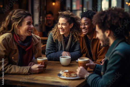 Happy friends meeting in cafe. Group of people sitting in restaurant, having fun together, talking and laughing. Cheerful mates spending time together. Created with Generative AI