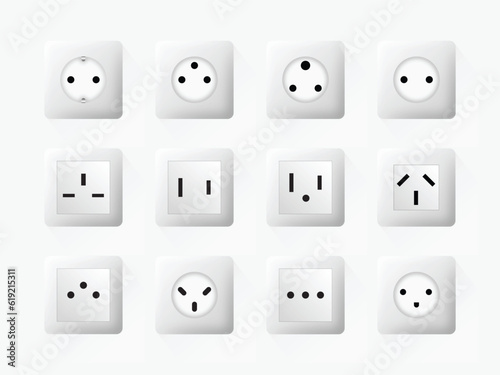 Realistic world socket types icons. USA, Europe, Asia etc. electrical outlet types vector icon set. 