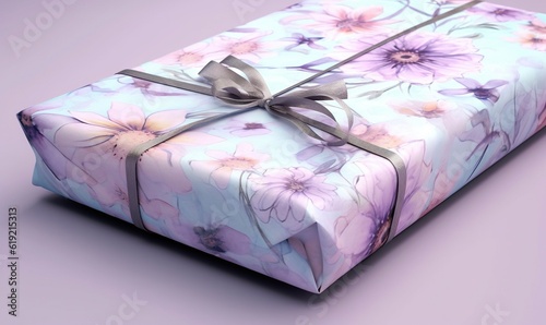  a present wrapped in a blue and pink floral paper with a bow.  generative ai